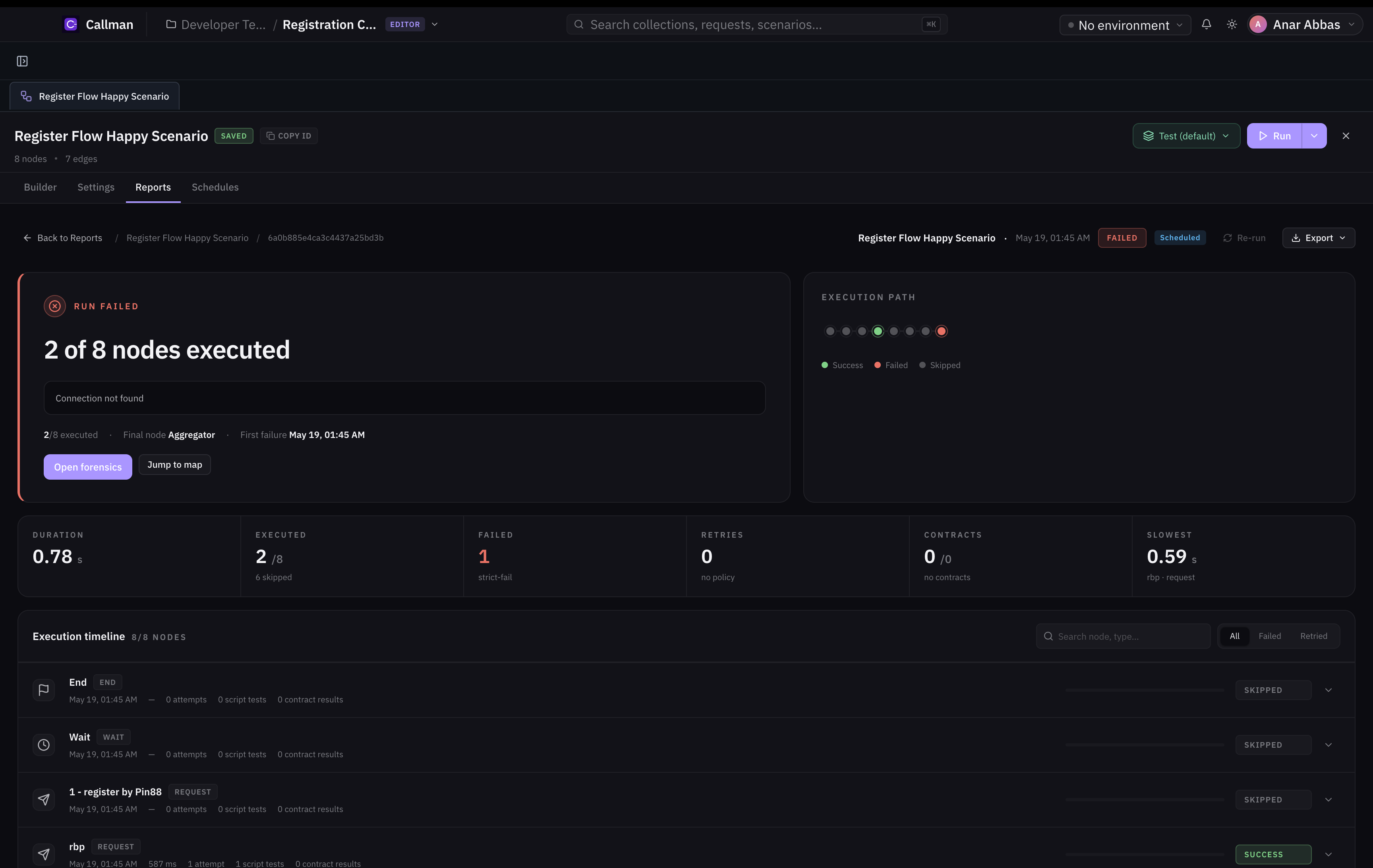 Schedule run report — execution path, node timeline, failed nodes.