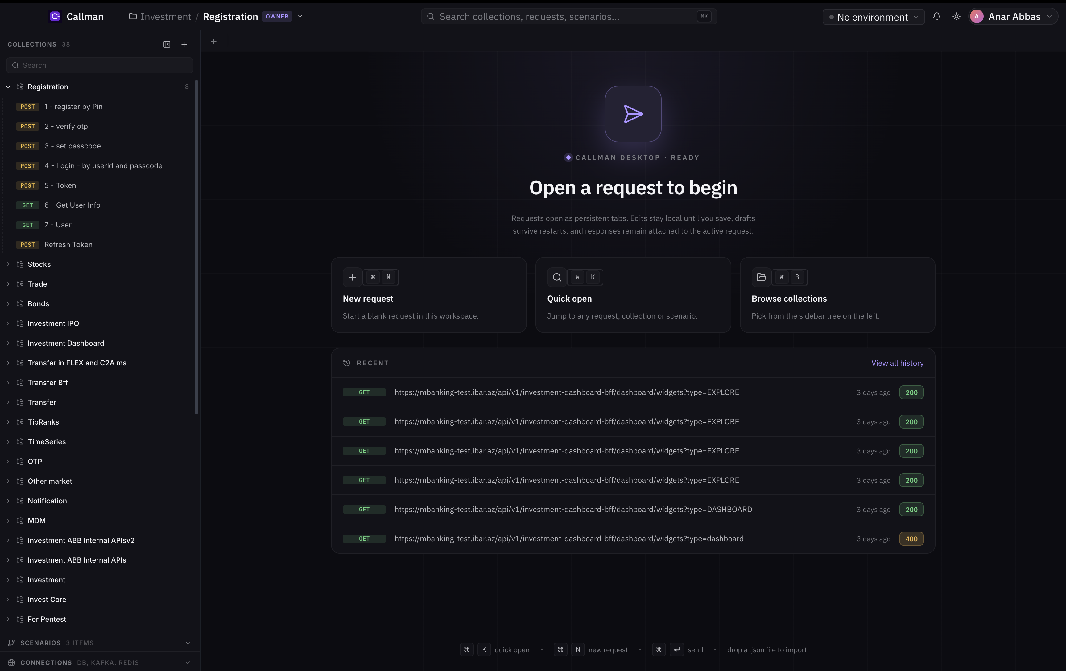 Collections view — organised requests ready to run.