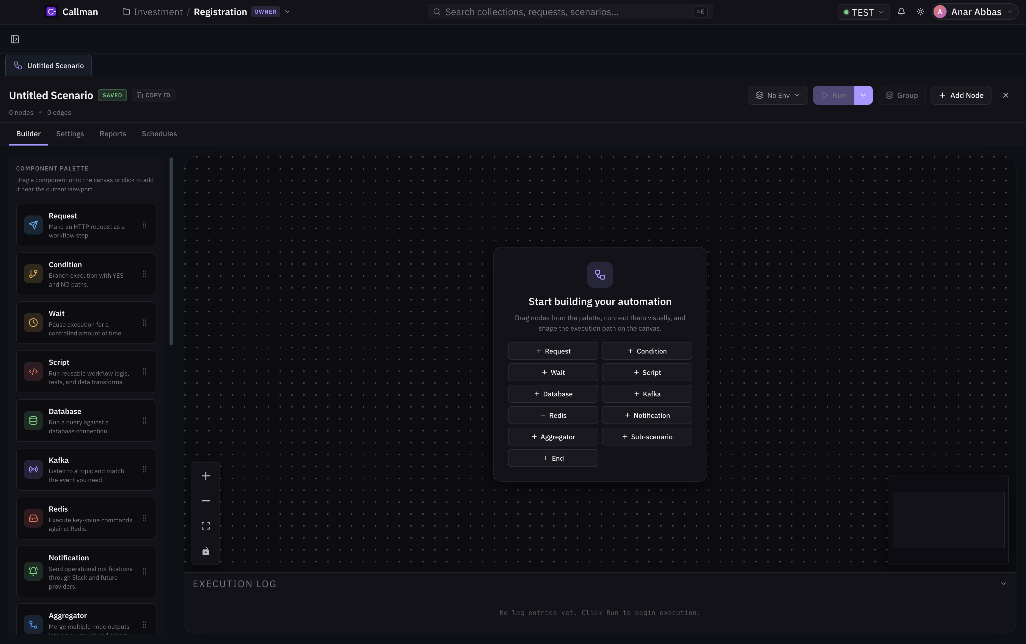 No-code Scenario Builder — node palette and canvas.